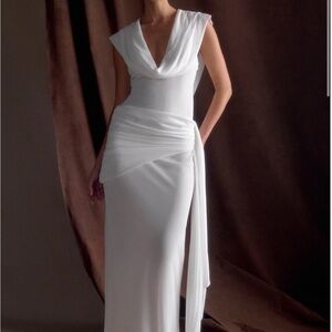 Meshki White Draped Cowl Neck Maxi Dress